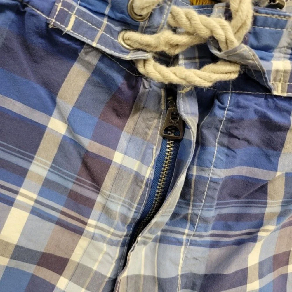 Polo Ralph Lauren Board Shorts Swim Trunks Size 38 Plaid Blue White /Orange Pony